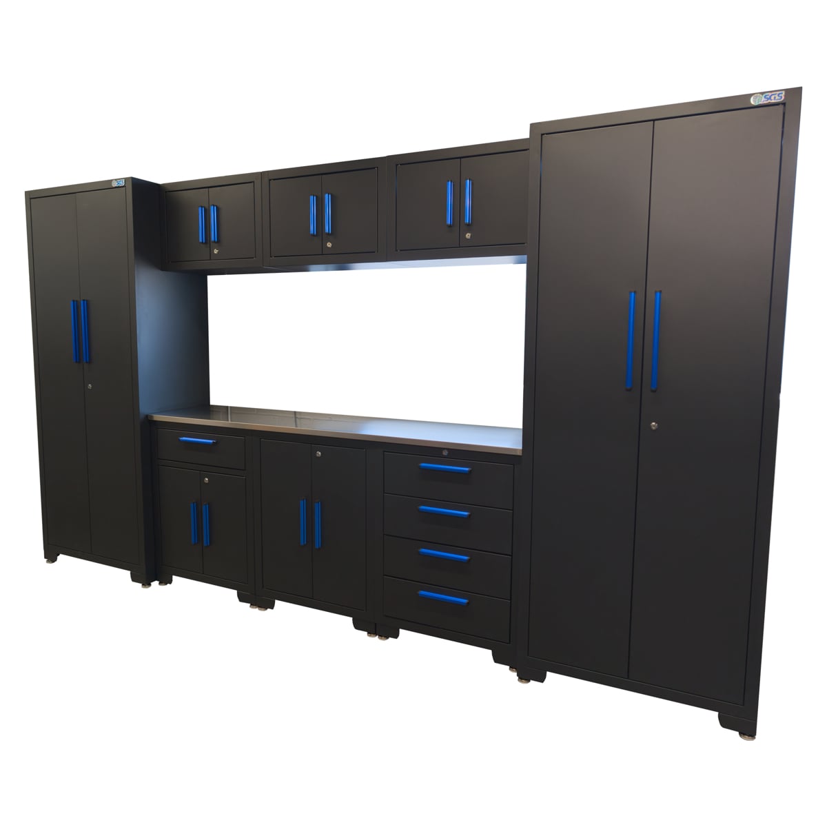 SGS 9pc Garage Storage System | Stainless Steel Worktop | 3x Floor Cabinets | 3x Upper Cabinets | 2x Tall Double Side Cabinets